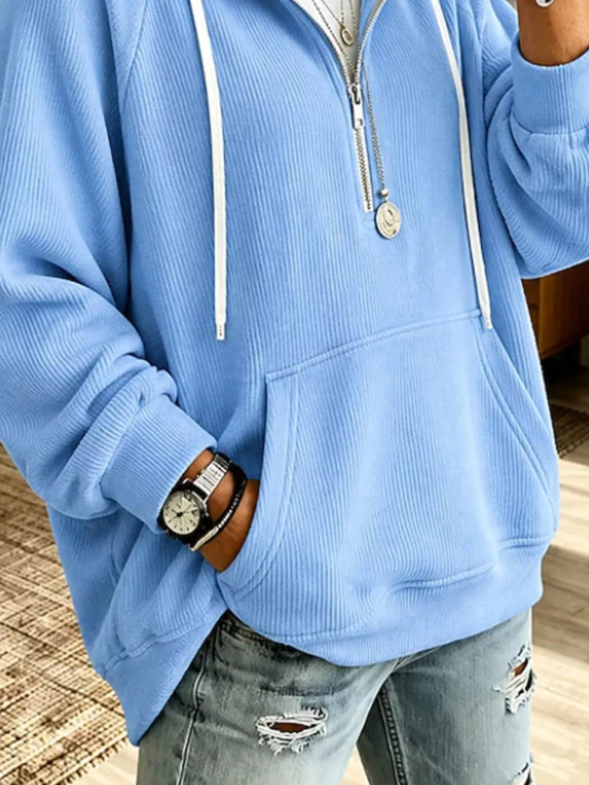 Ribbed Knit Quarter-Zip Hoodie with Kangaroo Pocket - Light Blue - View 3