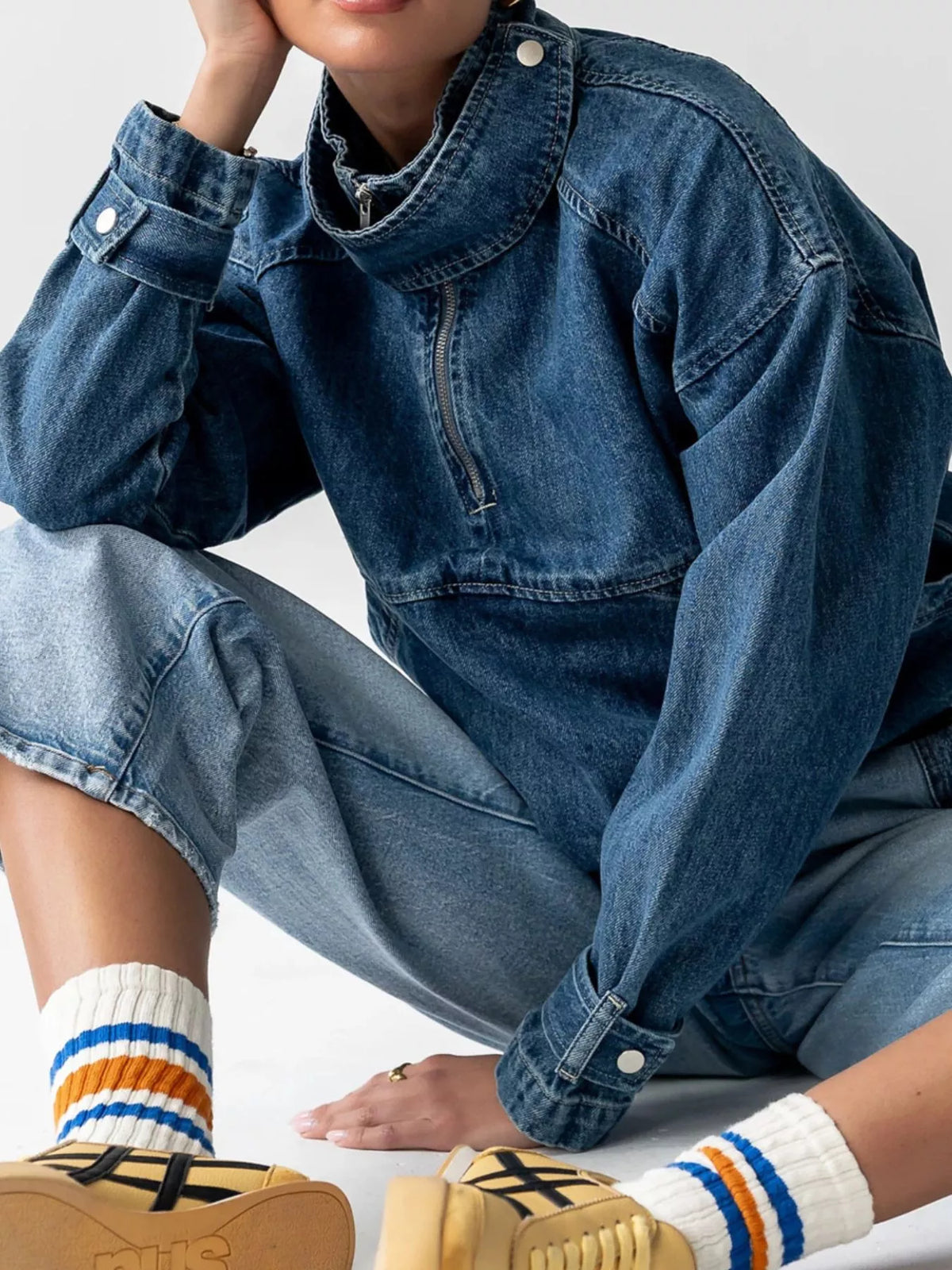 Half-Zip Turtleneck Denim Top - Blue - View 3