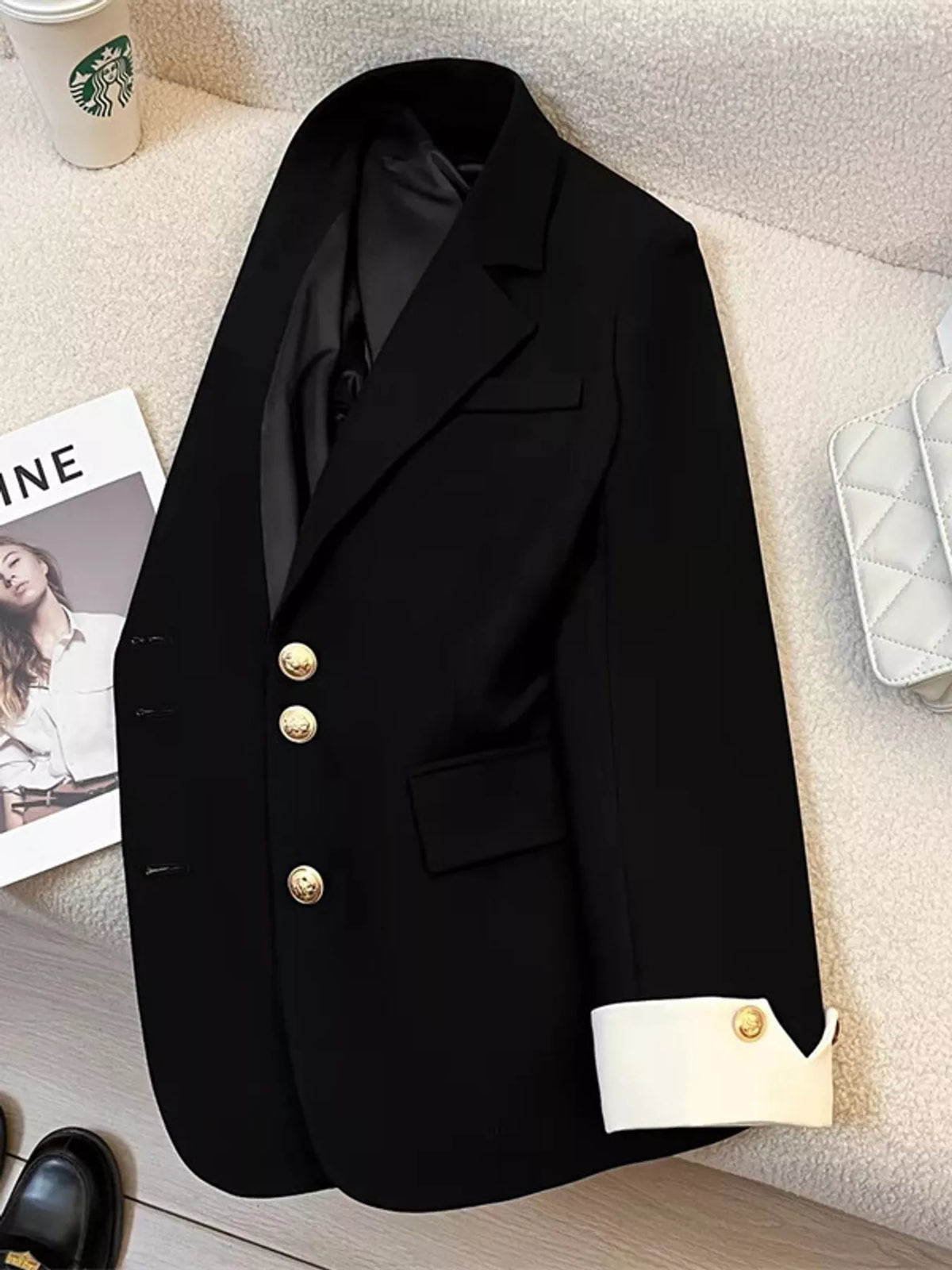 Full Size Single-Breasted Blazer with Gold Button Accents Plus Size - Black - View 27