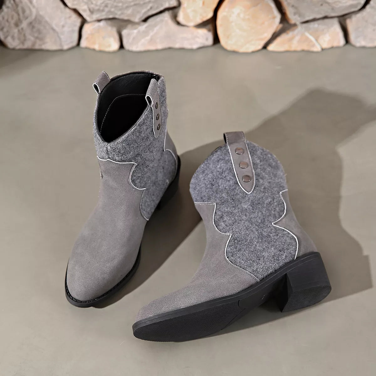 Point Toe Block Heels Boots - Dark Gray - View 3