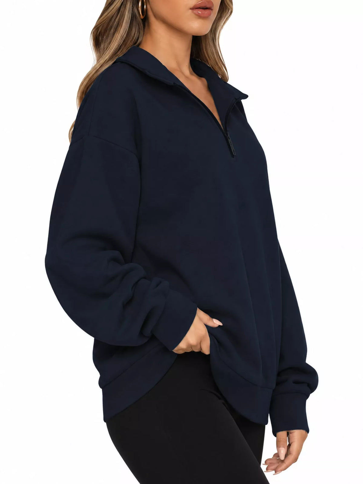 Full Size Quarter-Zip Dropped Shoulder Sweatshirt Plus Size - Navy - View 21