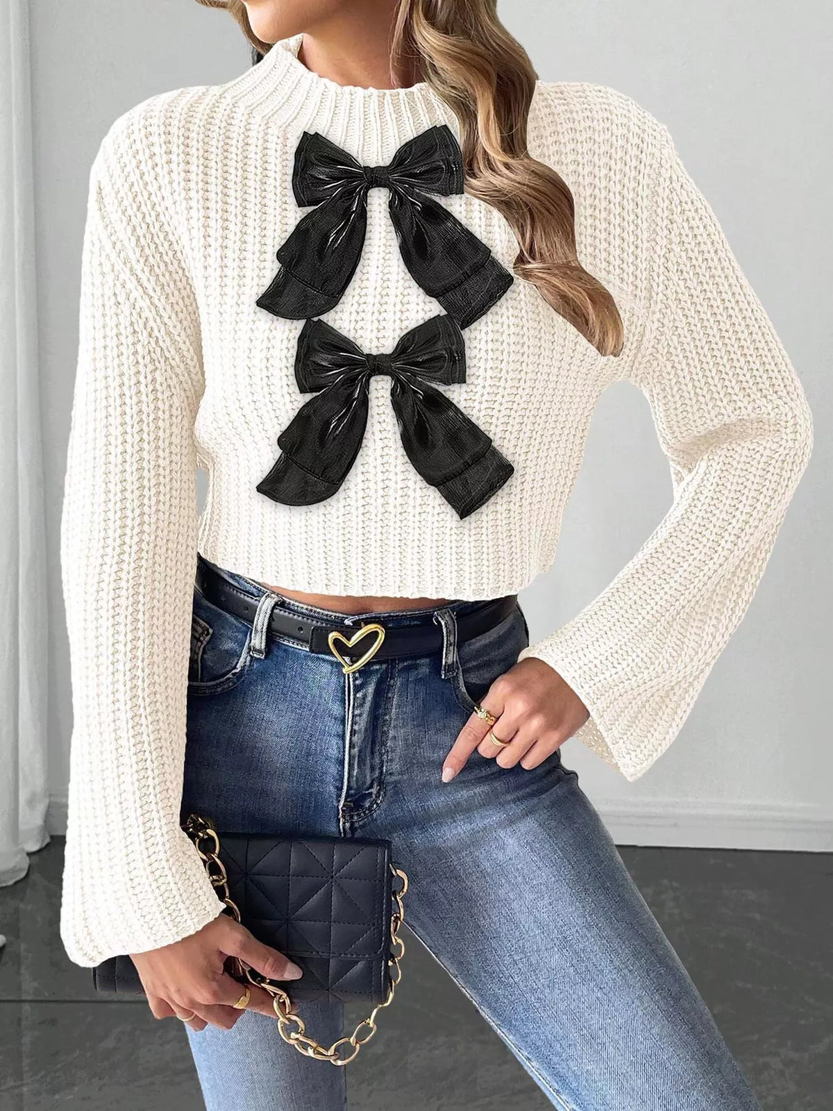 Bow-Decorated Mock Neck Cropped Sweater - White - View 1