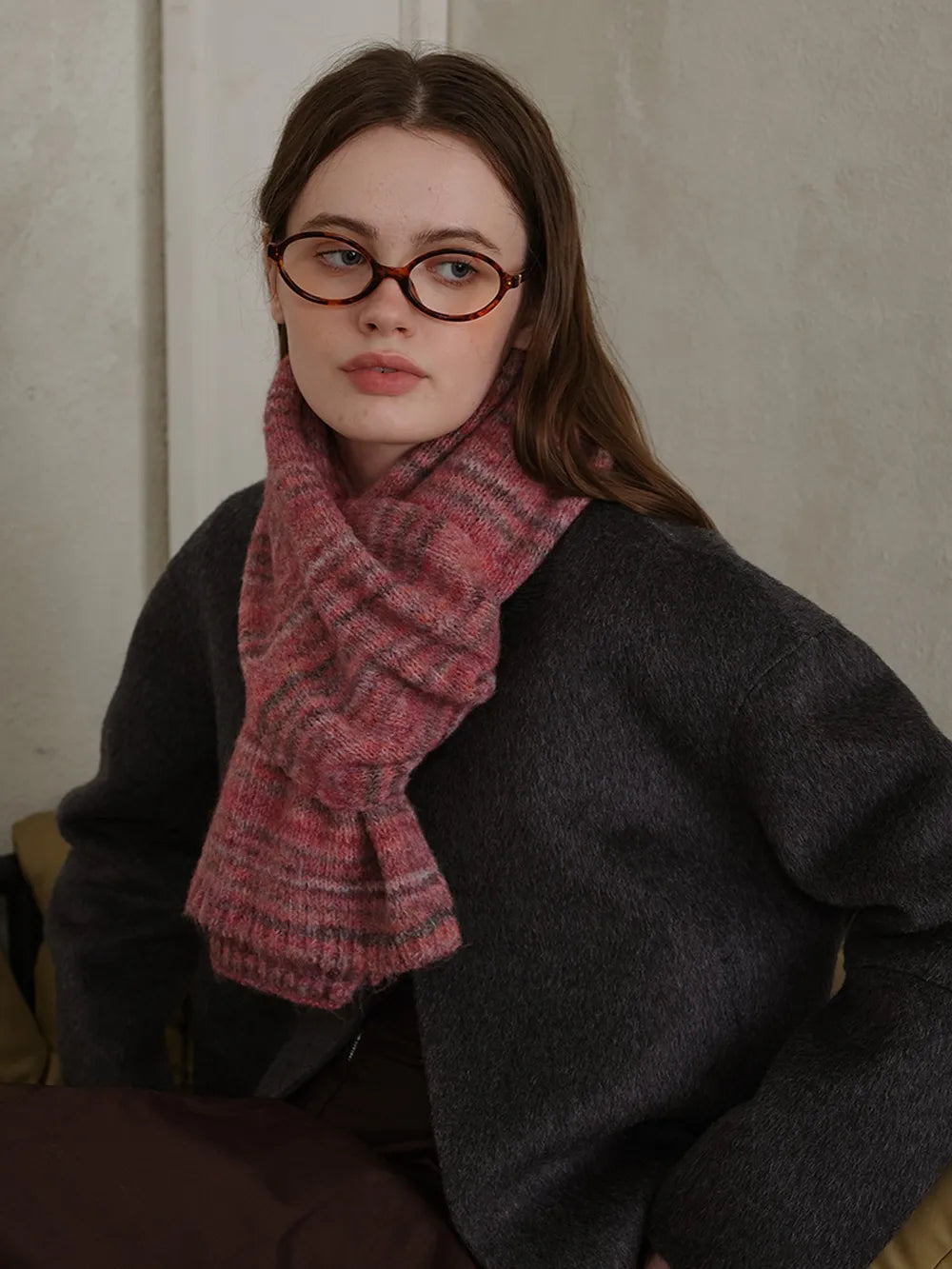 Striped Detail Knit Scarf - Cerise - View 12