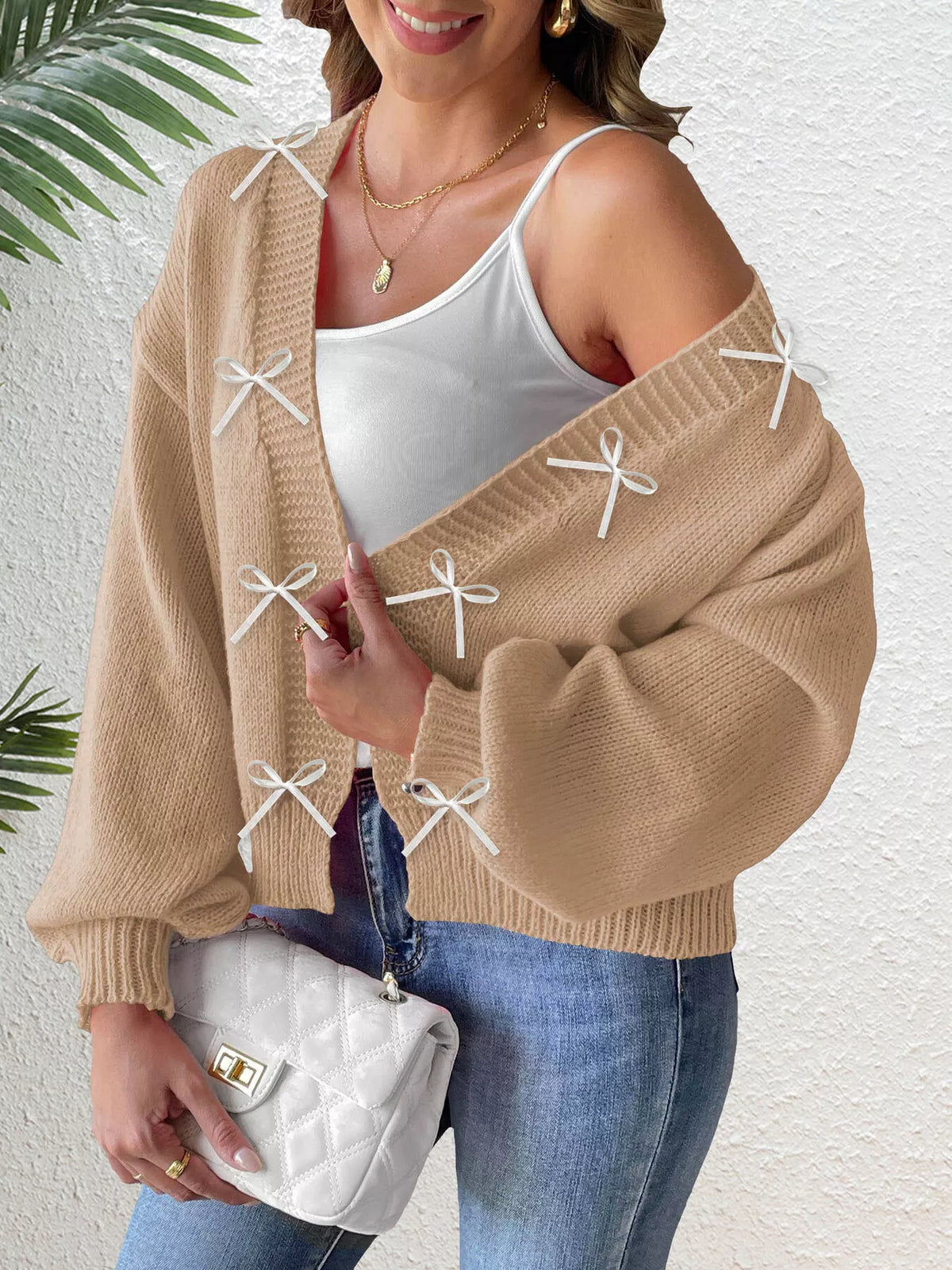 Bow-Tie Open Front Knit Cardigan - Khaki - View 3