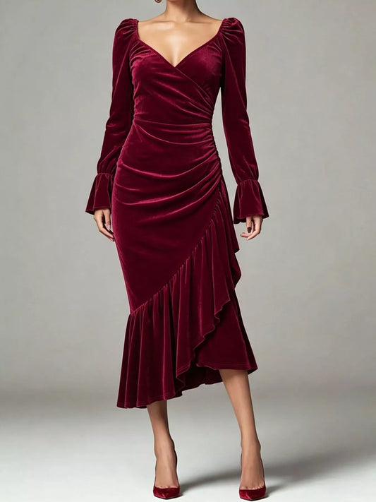 Velvet Ruched Ruffle Hem Midi Dress - Burgundy - View 1
