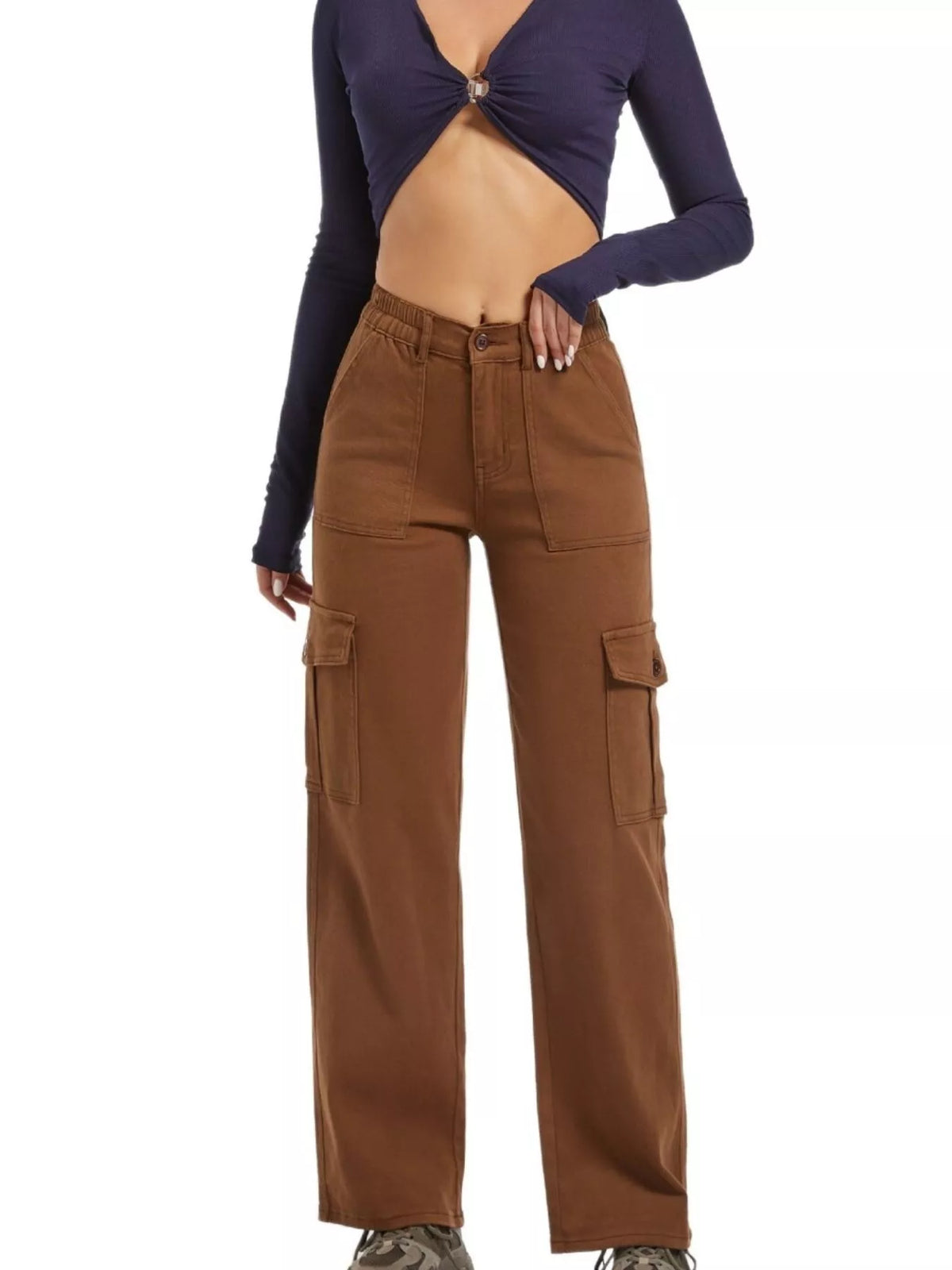 High-Waisted Cargo Jeans - Brown - View 2