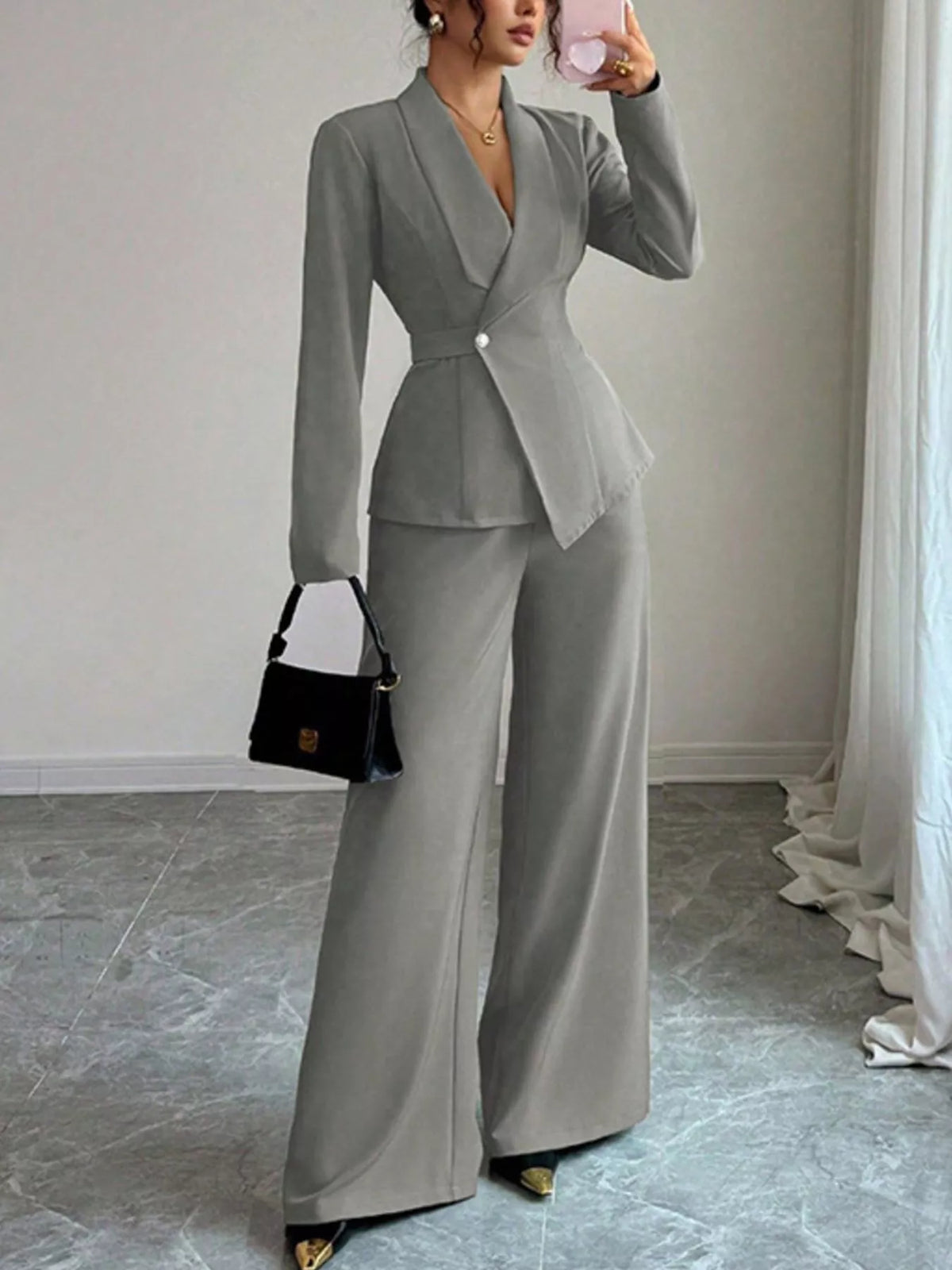 One Button Blazer and Pants Set - Gray - View 20