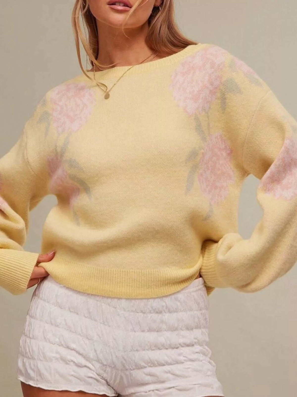 Floral Pattern Dropped Shoulder Sweater - Yellow - View 16