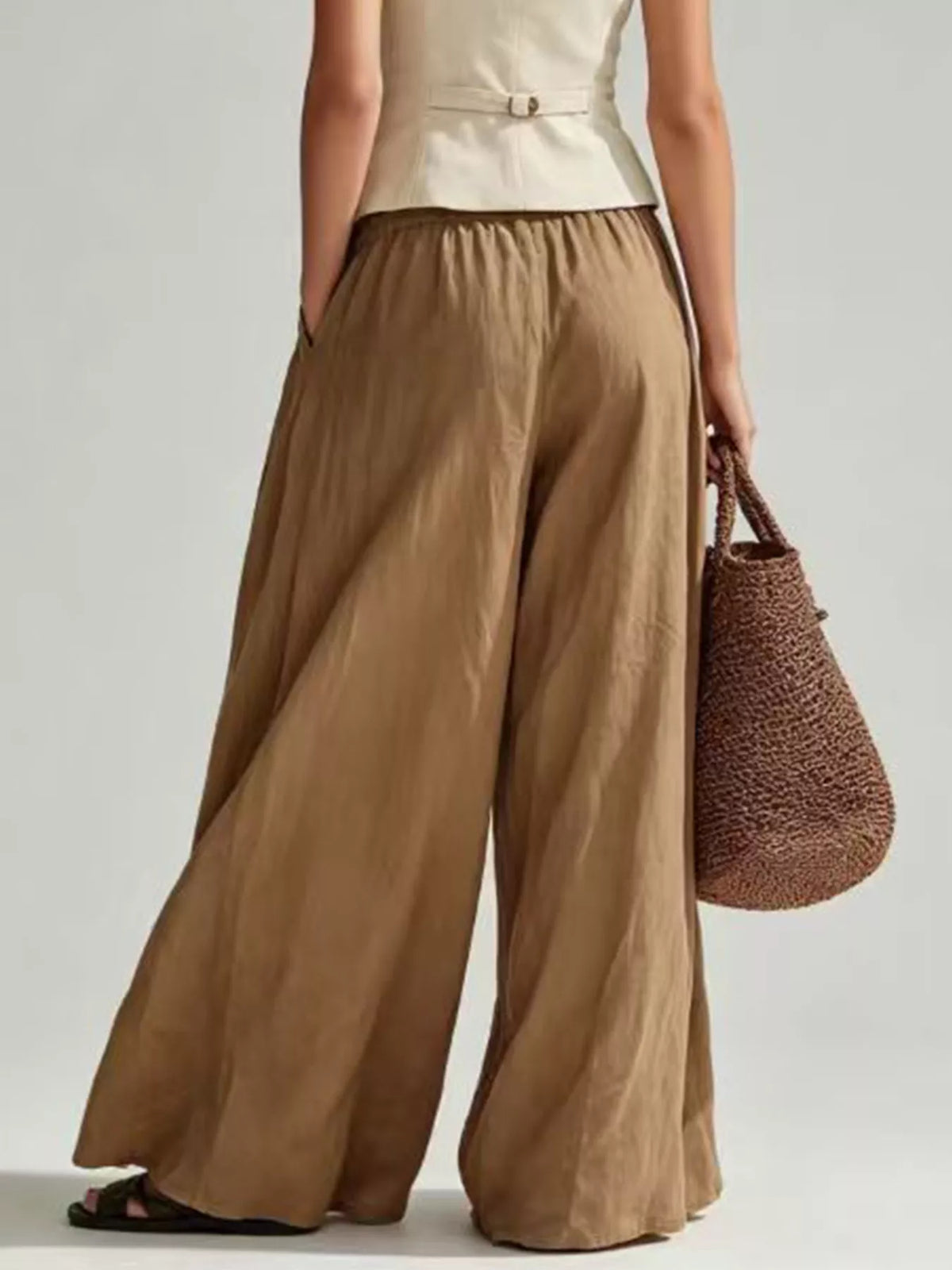 High-Waisted Pleated Wide-Leg Pants - Deep Khaki Color - View 4