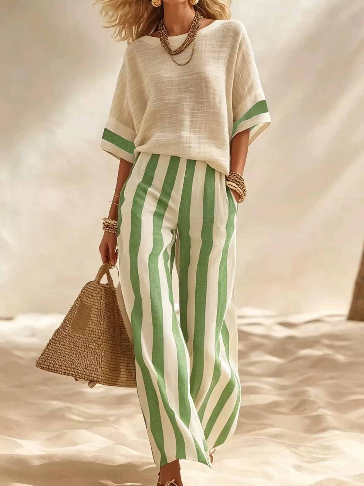 Full Size Striped Half Sleeve Top and Pants Set Plus Size - Yellow-green - View 1