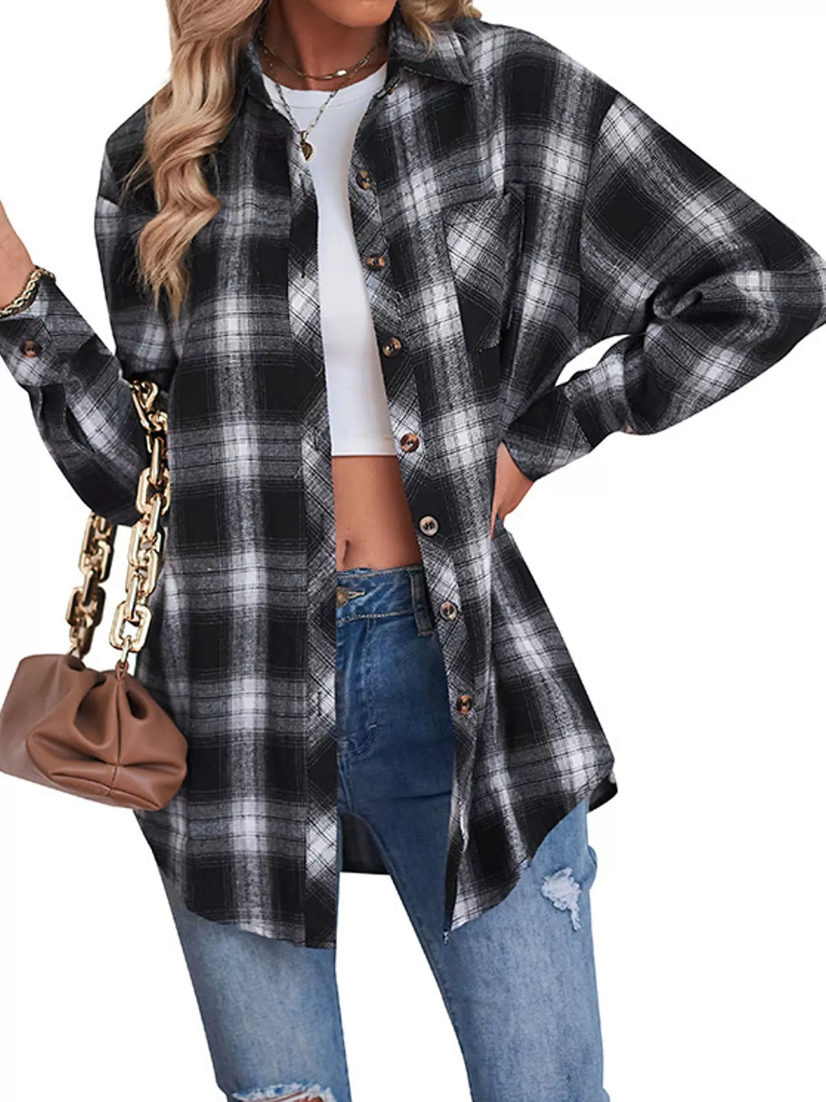 Plaid Button-Down Oversized Shirt - Black - View 5