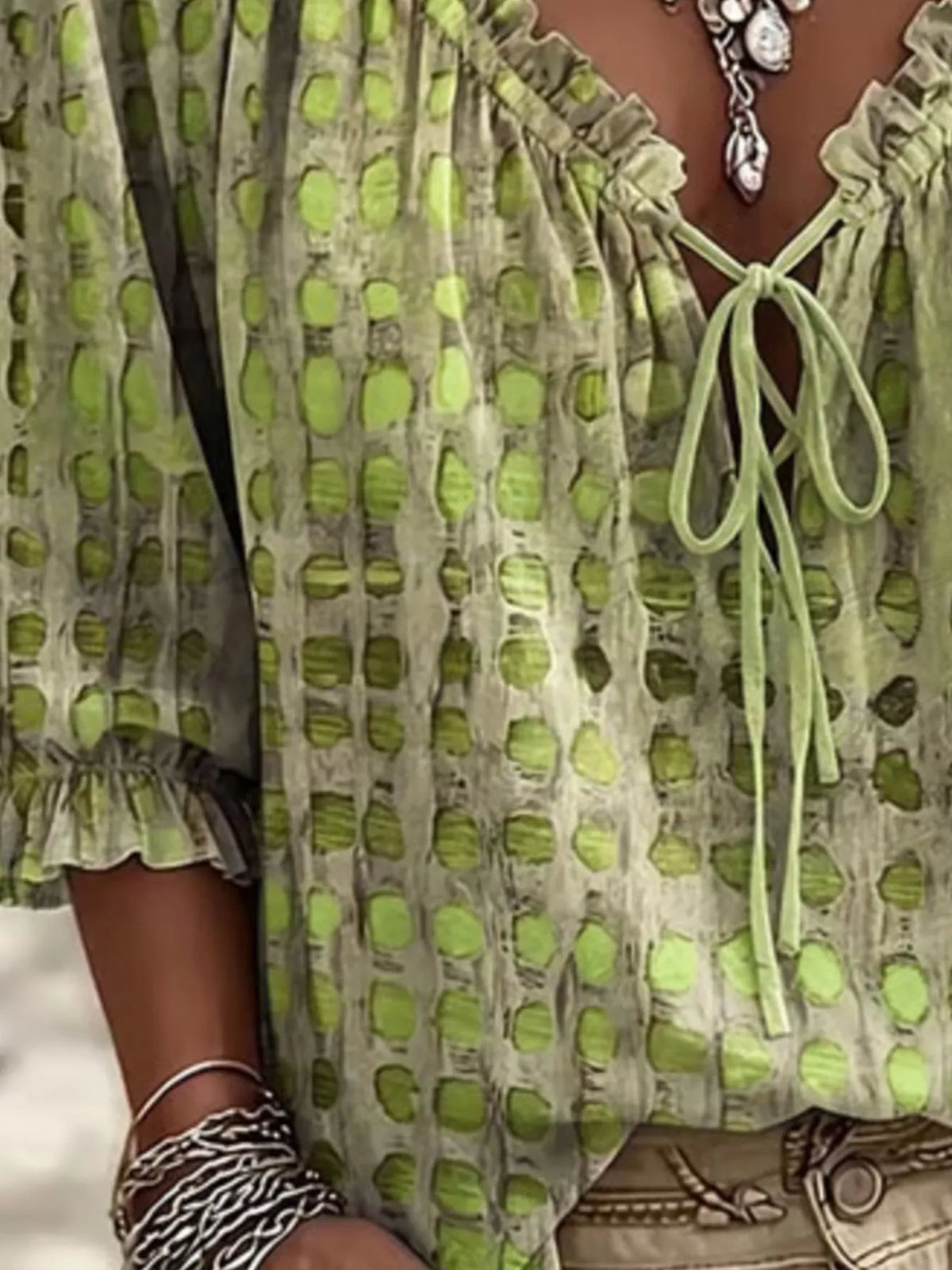 Full Size Tie Neck 3/4 Sleeve Blouse Plus Size - Lime - View 16