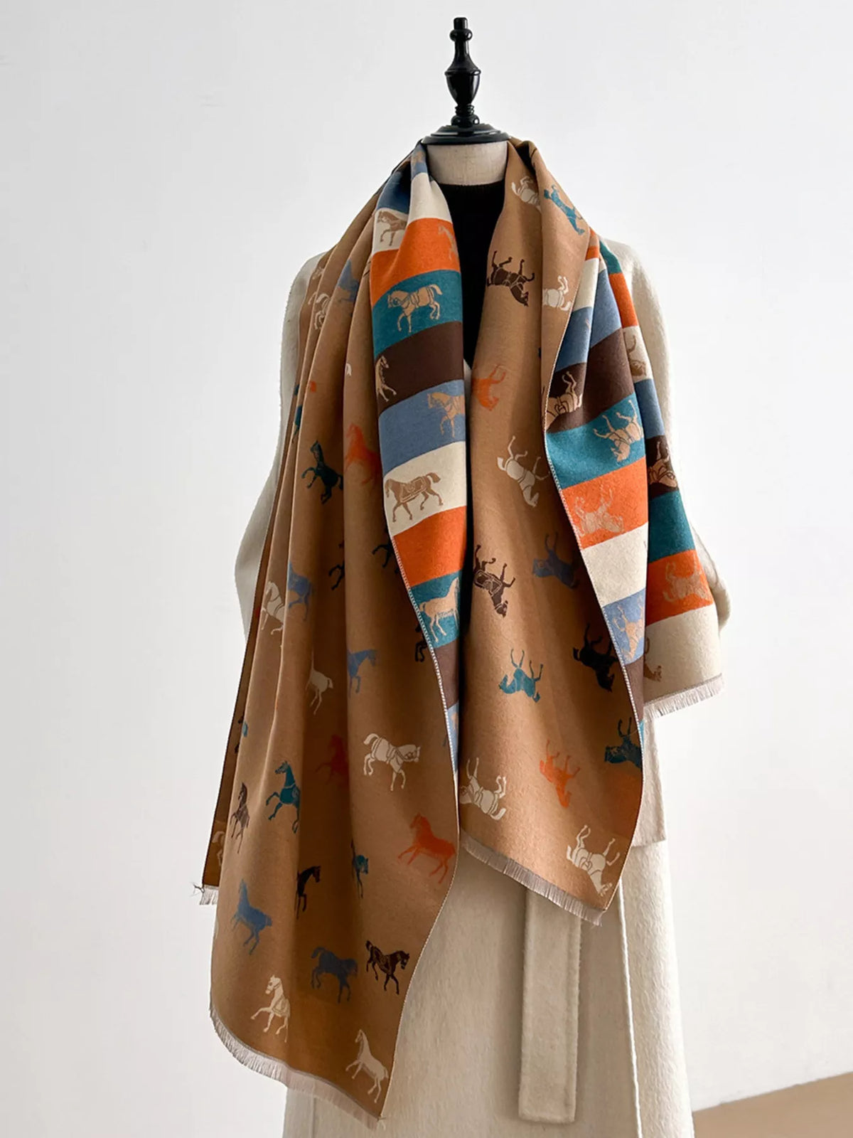 Horse Print Raw Hem Scarf - Khaki - View 5