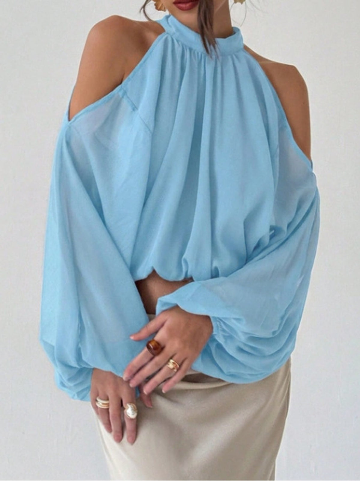 Cold-Shoulder Long Sleeve Blouse - Light Blue - View 2