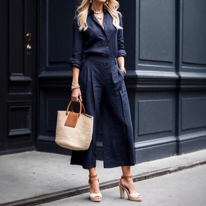 Women's Summer Fashion Simple Long Sleeve Top with Loose Wide Leg Pants Set