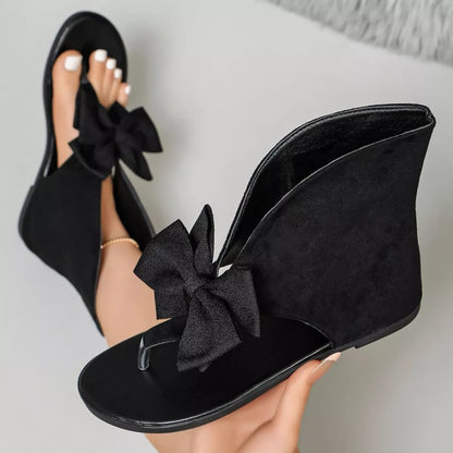 Bow Toe Post Flats Sandals - Black - View 2