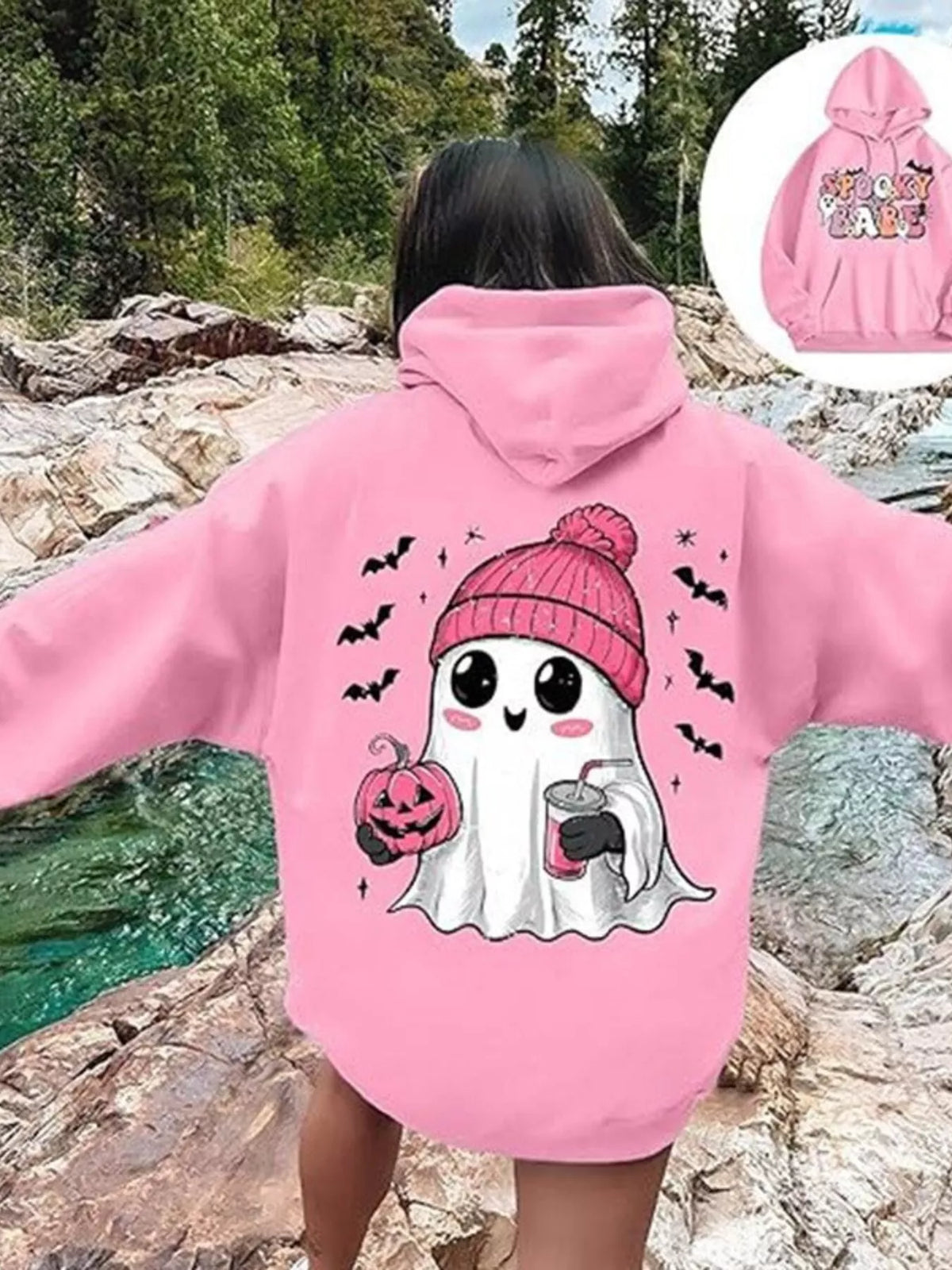 Full Size Halloween Graphic Long Sleeve Hoodie Plus Size - Dusty Pink - View 1