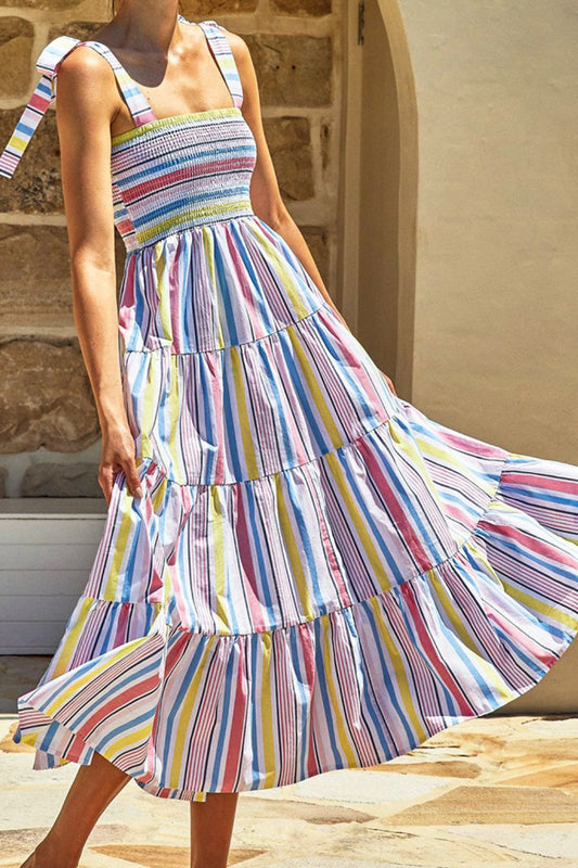 Striped Tie-Shoulder Smocked Tiered Dress - Stripe - View 1