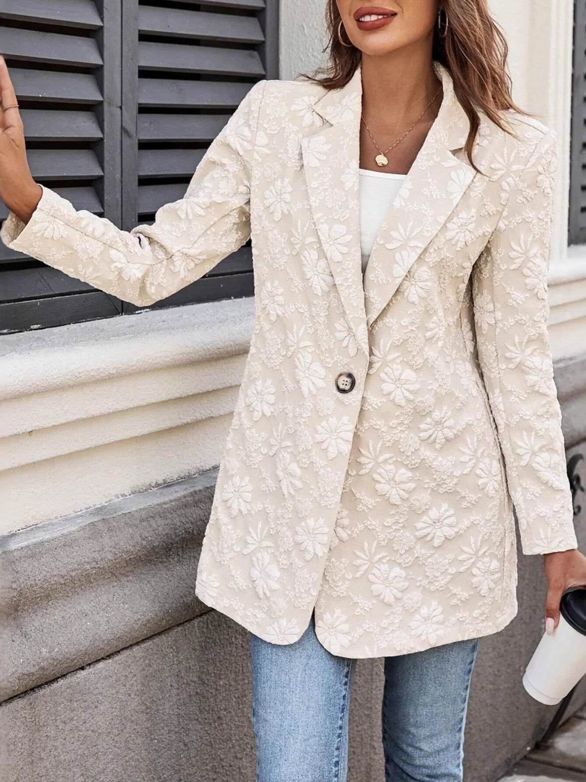 Floral Jacquard One Button Long Sleeve Blazer - Eggshell - View 3