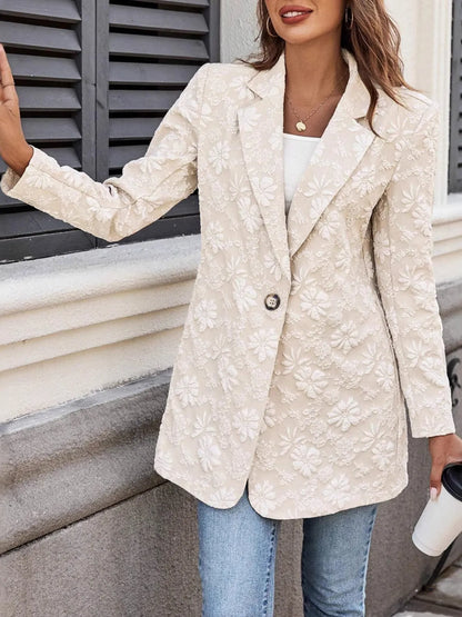 Floral Jacquard One Button Long Sleeve Blazer - Eggshell - View 3