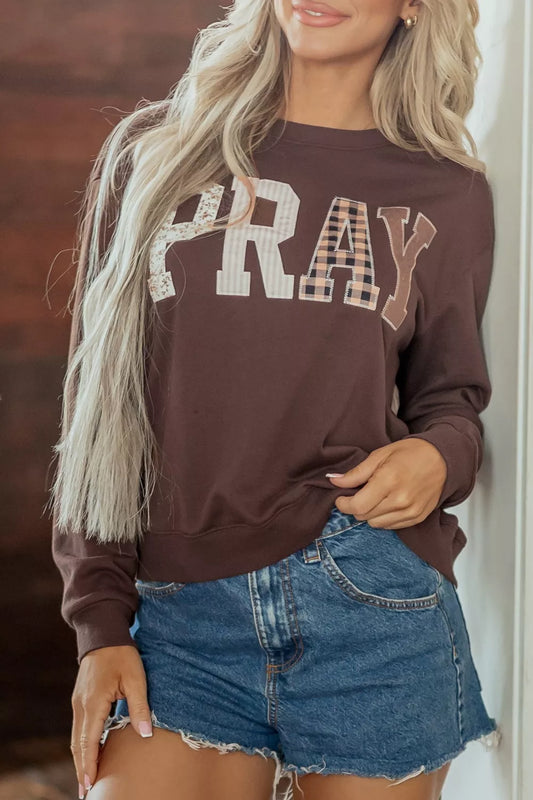 Plaid 'PRAY' Crew Neck Sweatshirt - Dark Brown - View 1