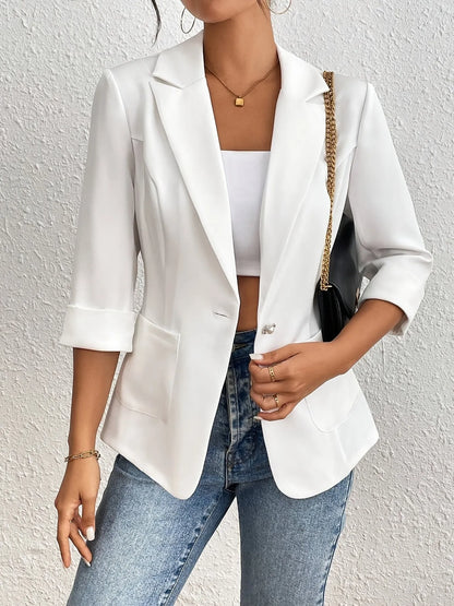 Classic Lapel Collar One Button Blazer - White - View 2