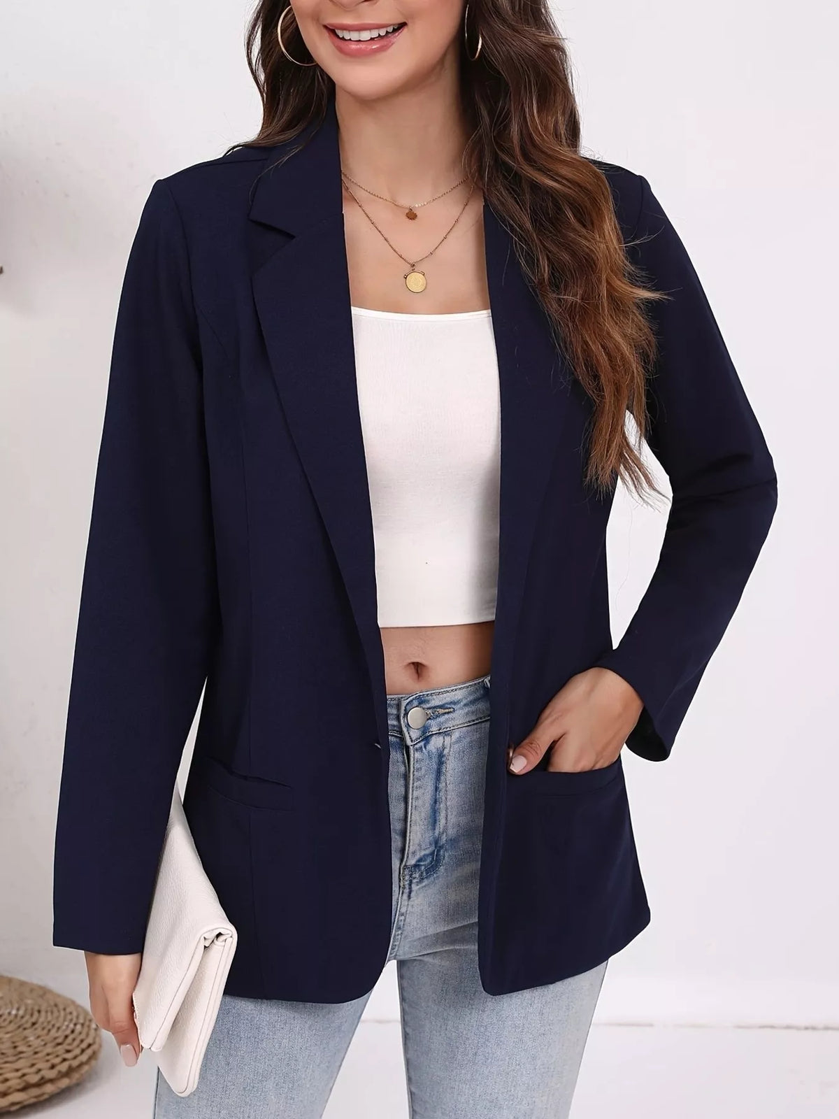 Plus Size Lapel Collar Single-Button Blazer - Navy Blue - View 8