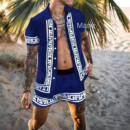 Casual loose print two-piece shirt beach suit for men