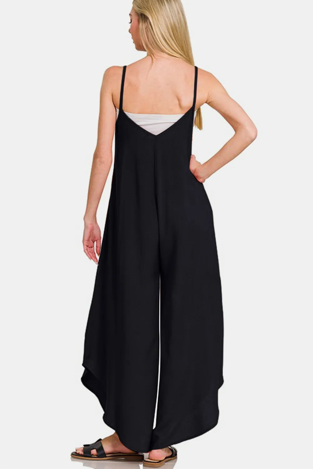Zenana Spaghetti Strap Wide Leg Overalls with Pockets - Black - View 2