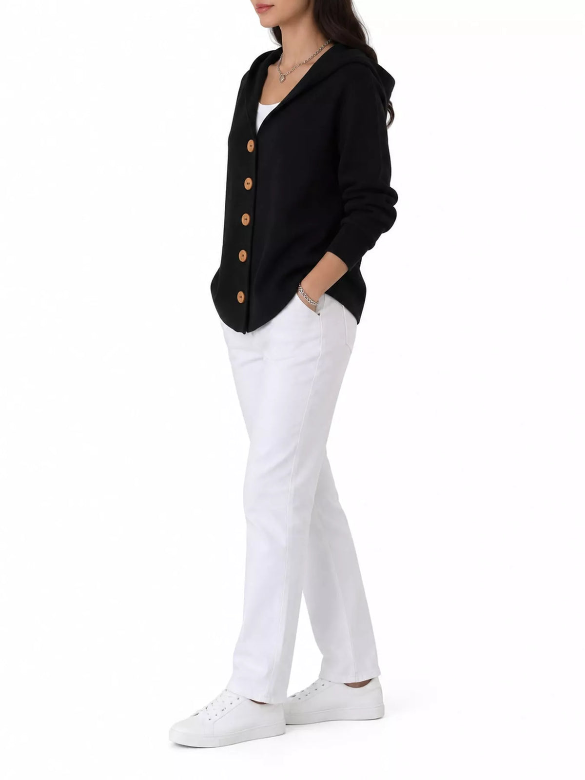 Full Size Hooded Button-Down Knit Cardigan Plus Size - Black - View 43