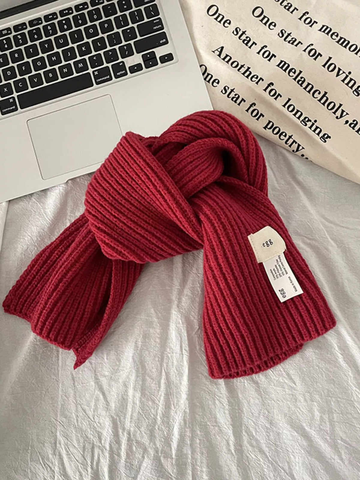 Knitted Ribbed Scarf - Cherry Red - View 4