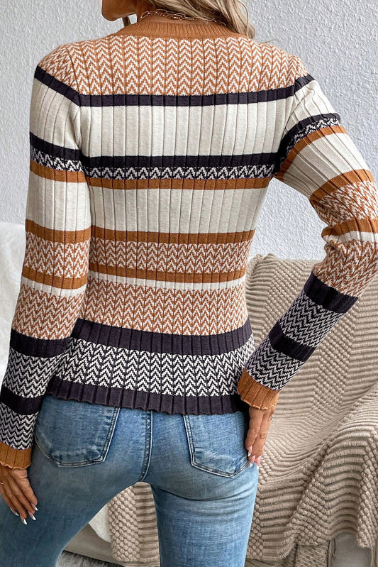 Brown Stripe Stylish Pattern Knitted Ribbed Trim Slim Sweater - Brown Stripe - 2