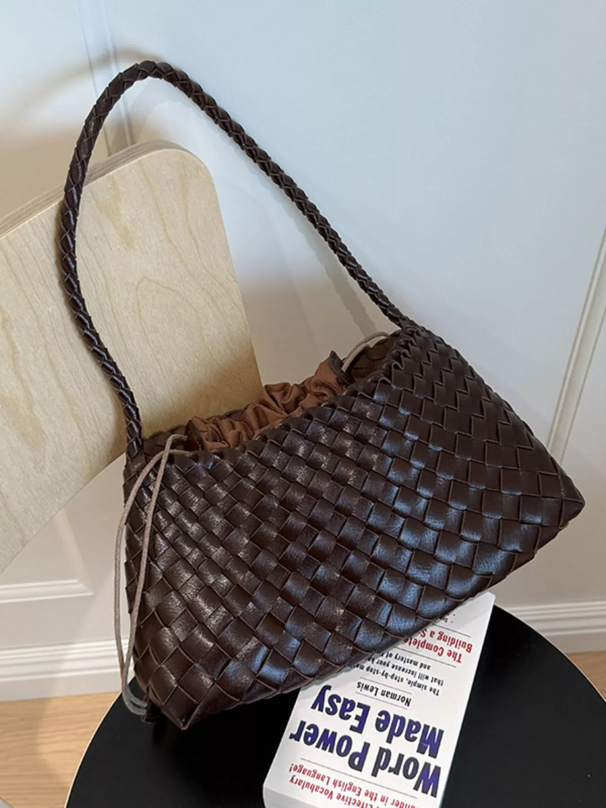 Drawstring Woven Shoulder Bag - Dark Brown - View 2