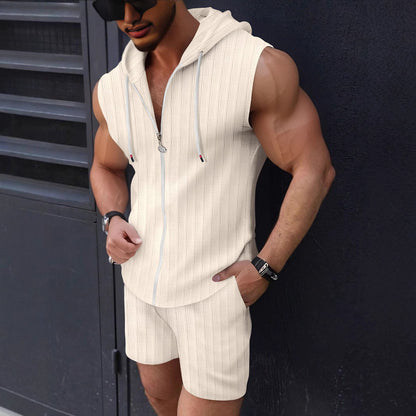 Hoodie set zipper T-shirt plaid sleeveless vest shorts two-piece set
