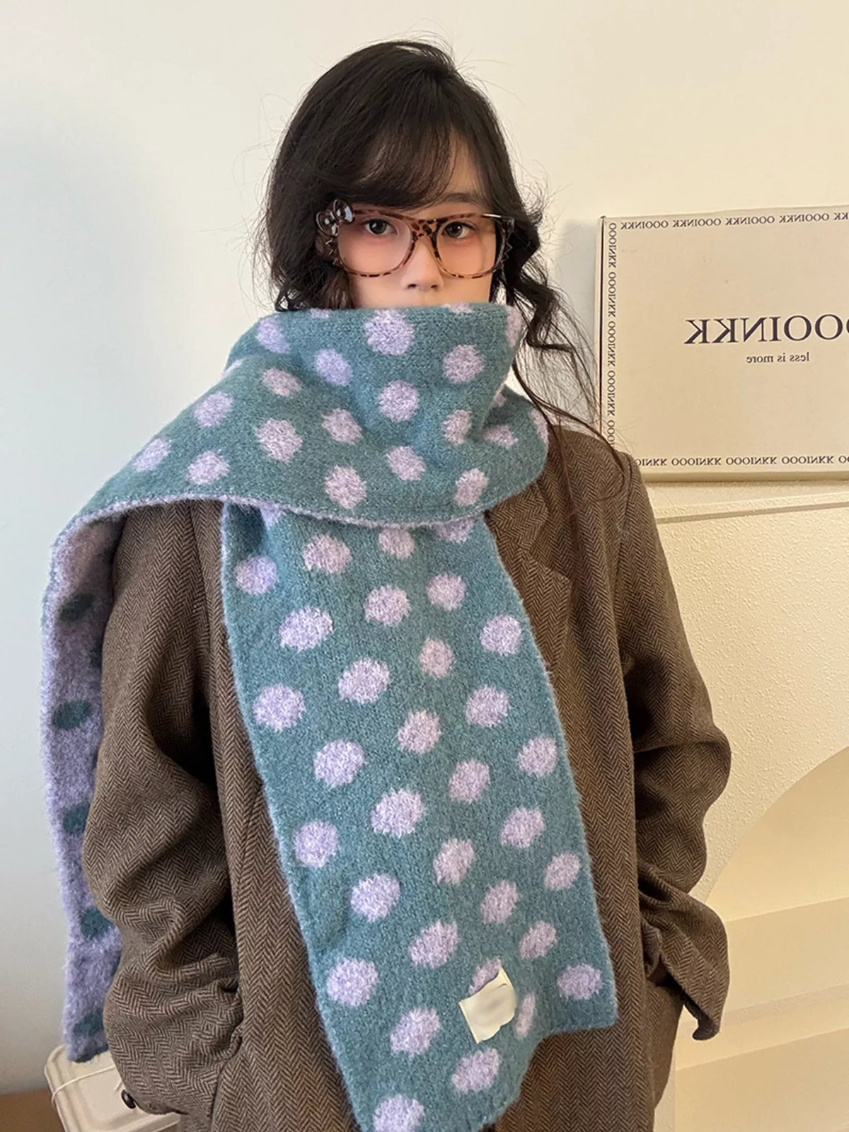 Polka Dot Knitted Scarf - Sky Blue - View 10