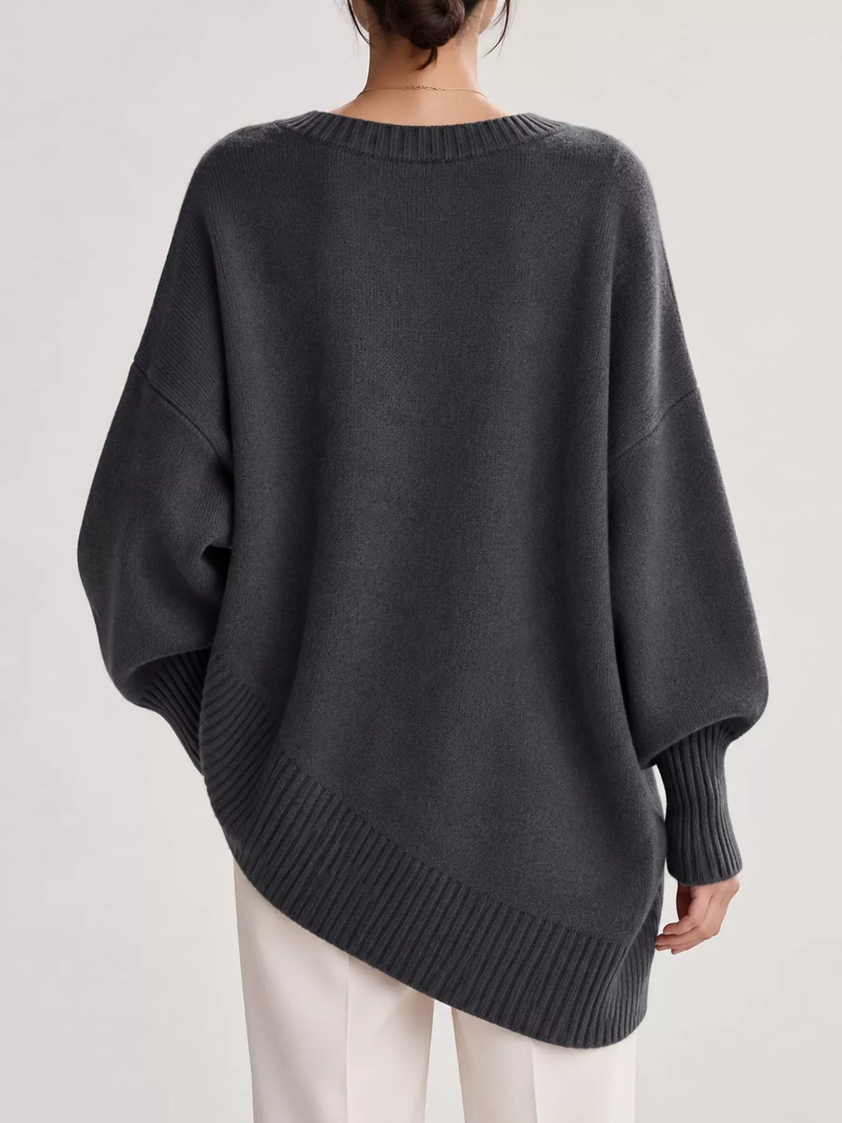 Full Size V-Neck Oversized Batwing Sleeve Sweater Plus Size - Dark Gray - View 27