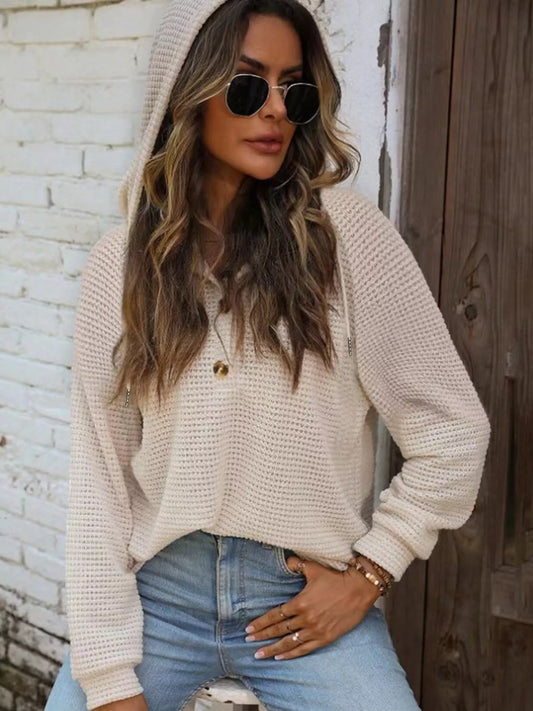 Full Size Waffle Knit Button Detail Hoodie Plus Size - Apricot - View 1