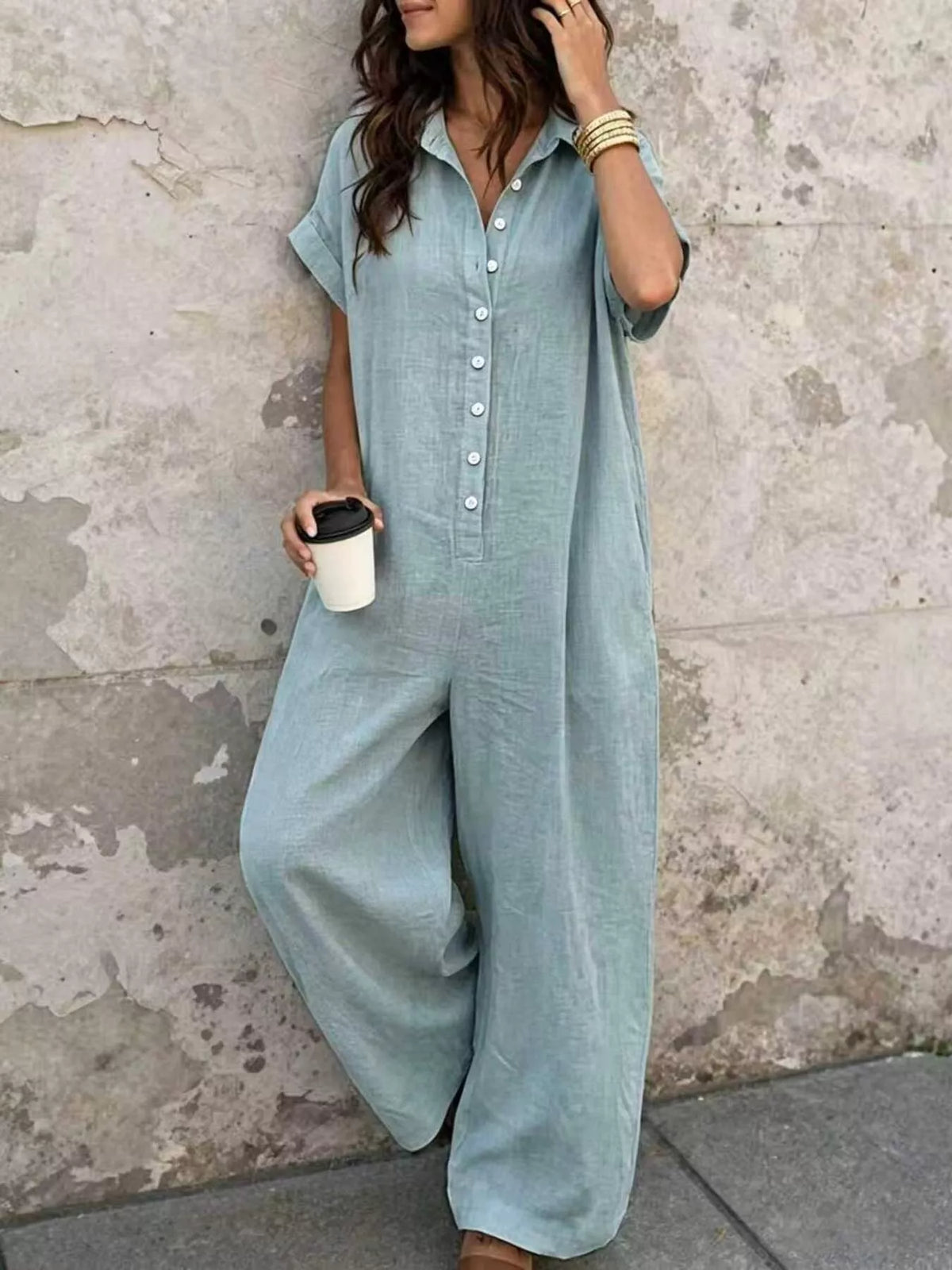 Button Front Short Sleeve Jumpsuit - Light Blue - View 1
