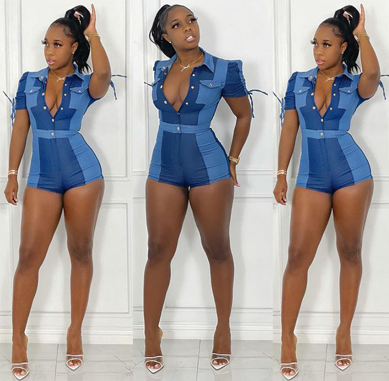 Women's summer street casual single-breasted two-tone spliced short-sleeve denim-style jumpsuit