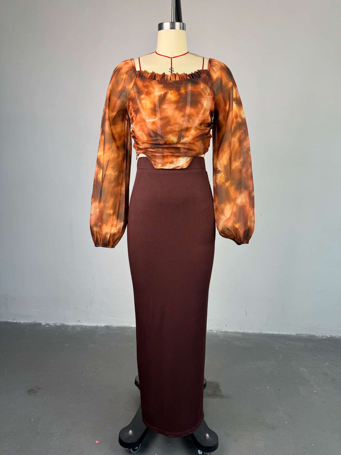 Square collar lantern sleeve shirt high waisted skirt two-piece set