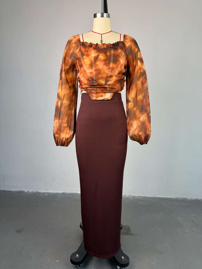 Square collar lantern sleeve shirt high waisted skirt two-piece set