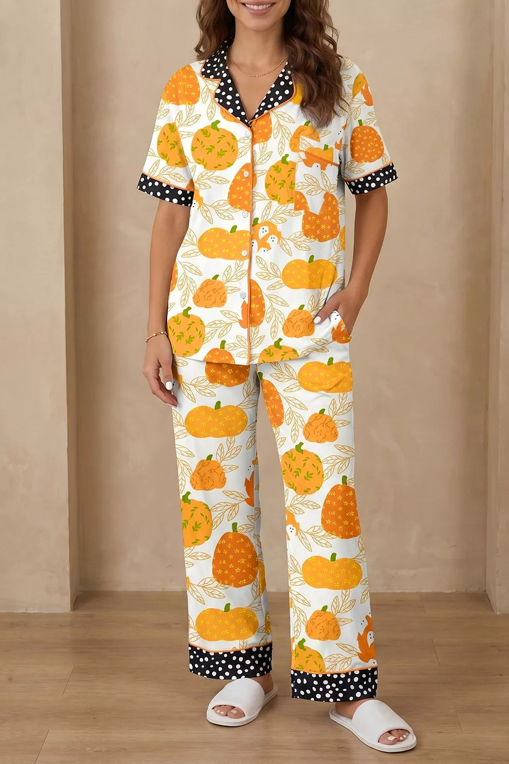 Short Sleeve Pumpkin Print Polka Dot Trim Pocket Placket Lounge Set - Sherbet - View 4