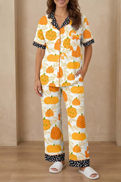 Short Sleeve Pumpkin Print Polka Dot Trim Pocket Placket Lounge Set - Sherbet - View 4