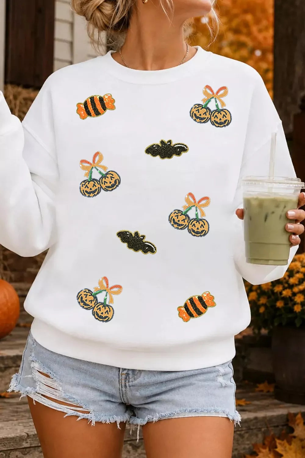 Sequin Halloween Pattern Pullover Sweatshirt - White - View 3