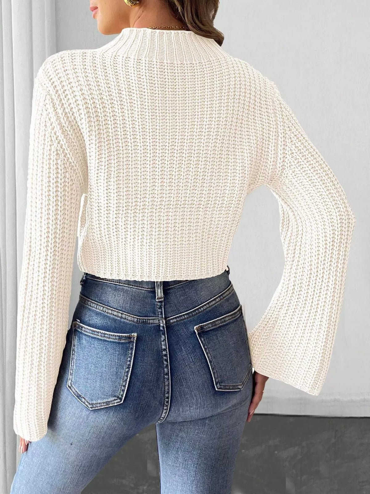 Bow-Decorated Mock Neck Cropped Sweater - White - View 4