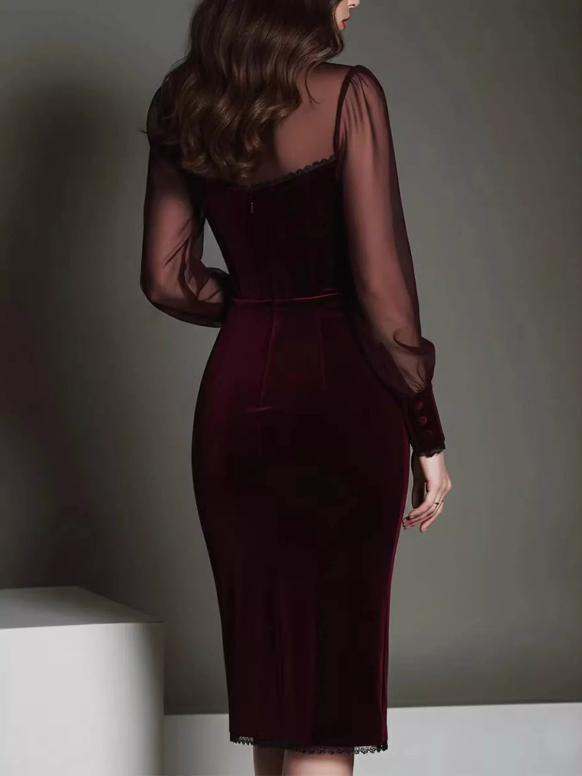 Velvet Bodycon Dress with Sheer Mesh Sleeves - Burgundy - View 2