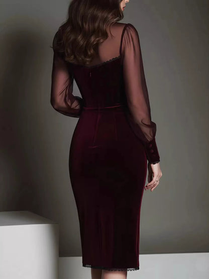 Velvet Bodycon Dress with Sheer Mesh Sleeves - Burgundy - View 2