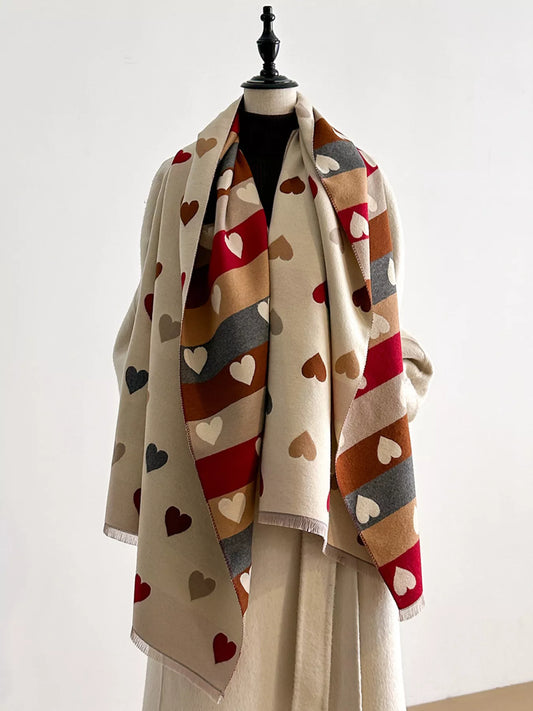Heart Pattern Warm Scarf - Beige - View 1