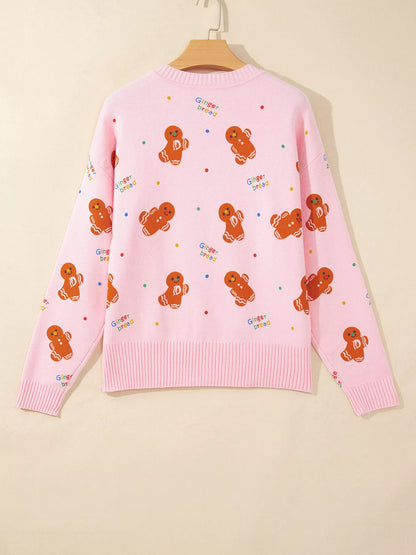 Gingerbread Pattern Long Sleeve Round Neck Sweater - Blush Pink - View 4