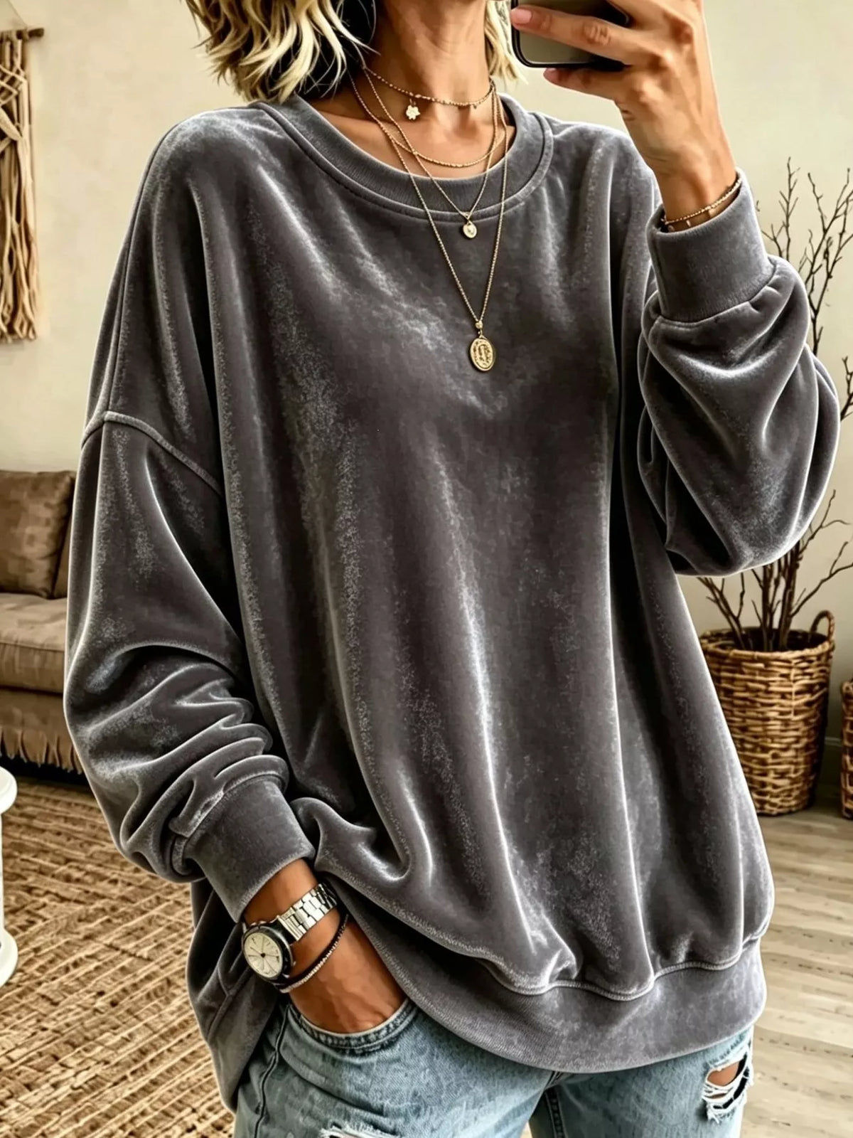 Full Size Solid Color Crew Neck Sweatshirt Plus Size - Dark Gray - View 15